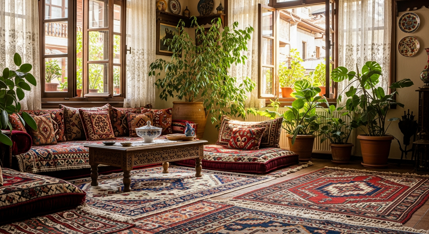 ev atmosferi A cozy Turkish living room with traditional patterned rugs, lush plants, and open windows letting in natural light, creating an inviting atmosphere with fresh air circulation.