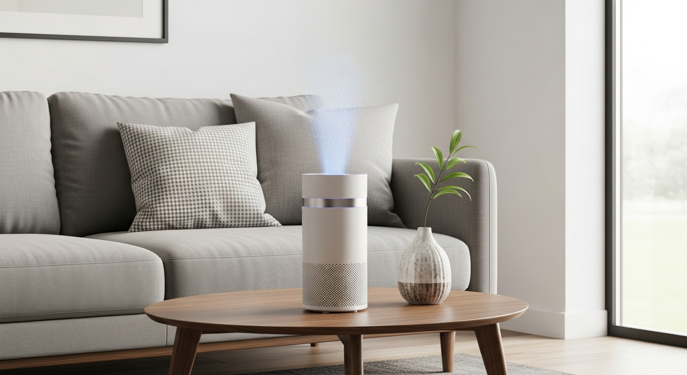 hava temizleyici A sleek modern air purifier and diffusing device in a contemporary living room, emitting a soft, pleasant glow