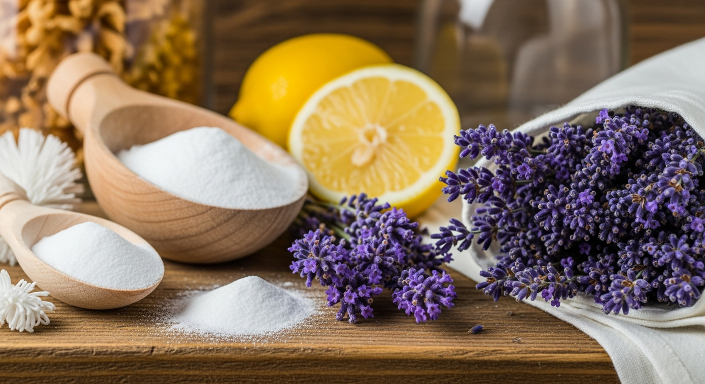 doğal temizlik Close-up of natural ingredients like baking soda, lemon, and lavender flowers arranged in a rustic Turkish kitchen for natural cleaning and scenting.