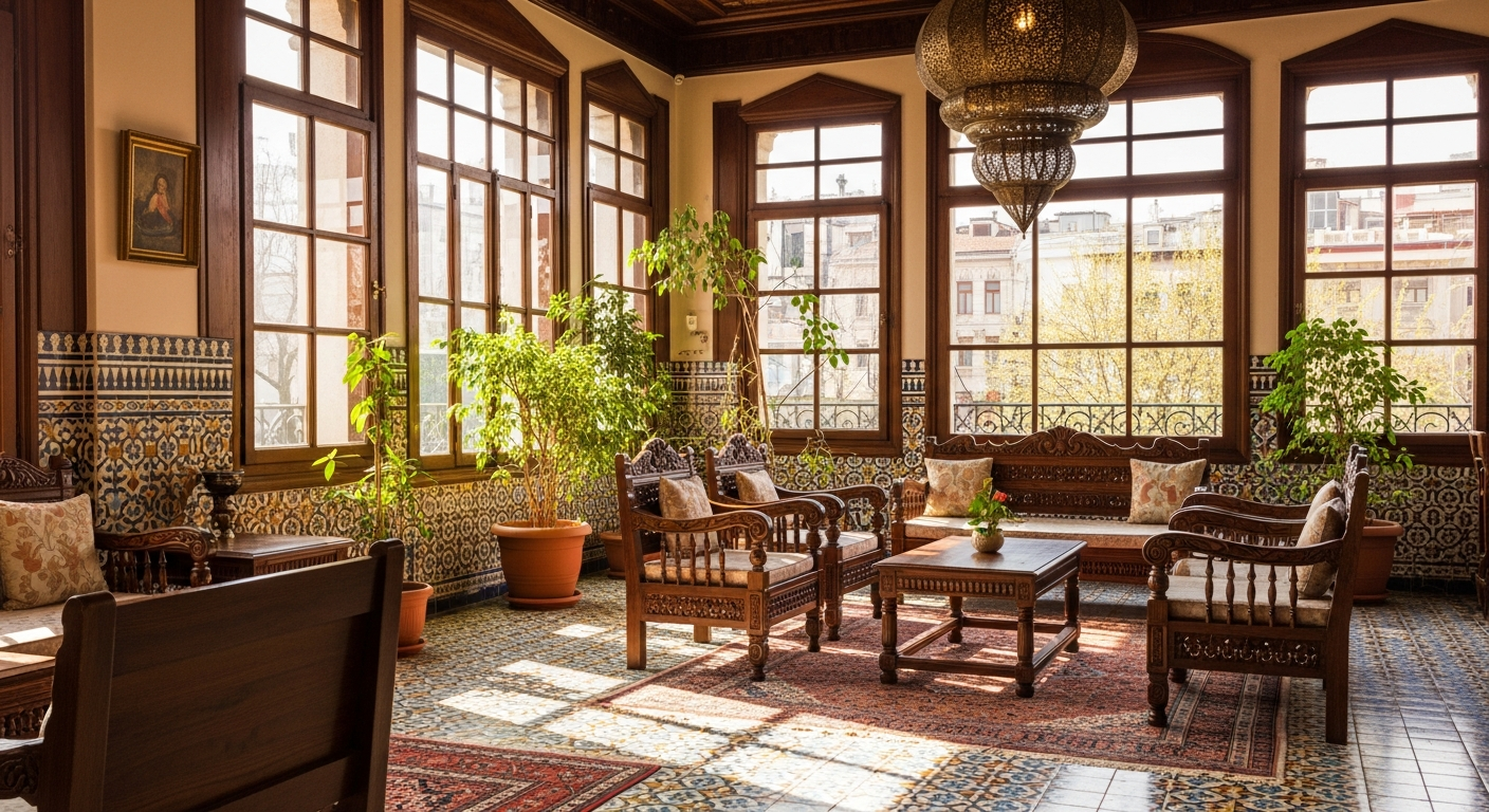 Wide shot of a Turkish interior in Istanbul with traditional wooden furniture, ceramic tiles, potted plants, natural sunlight pouring through large windows, creating a warm, welcoming atmosphere.