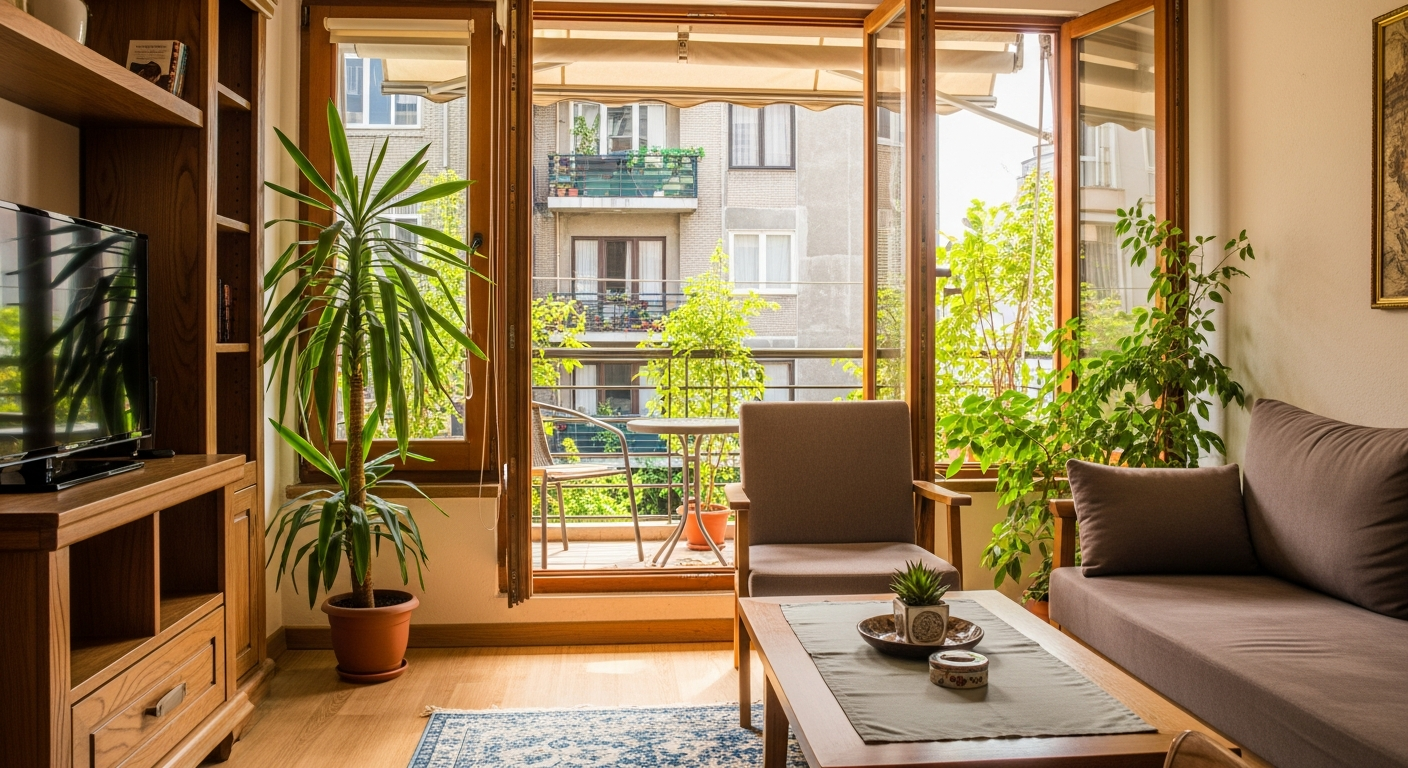 sağlıklı dekorasyon Interior shot of a cozy Istanbul apartment with wooden furniture, potted green plants, large open windows letting in sunlight, and subtle decorative accents, ev ortamında sağlıklı dekorasyon ve ferahlık simgesi