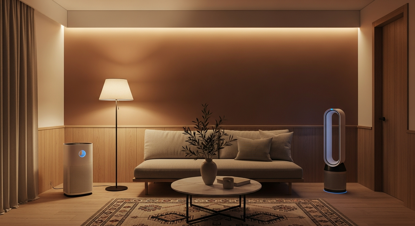 koku giderici ürünler Interior of a stylish Turkish living room with minimalistic decor, ambient lighting, and an sleek air purifier working quietly in the corner, embodying modern solutions for a fresh home atmosphere.