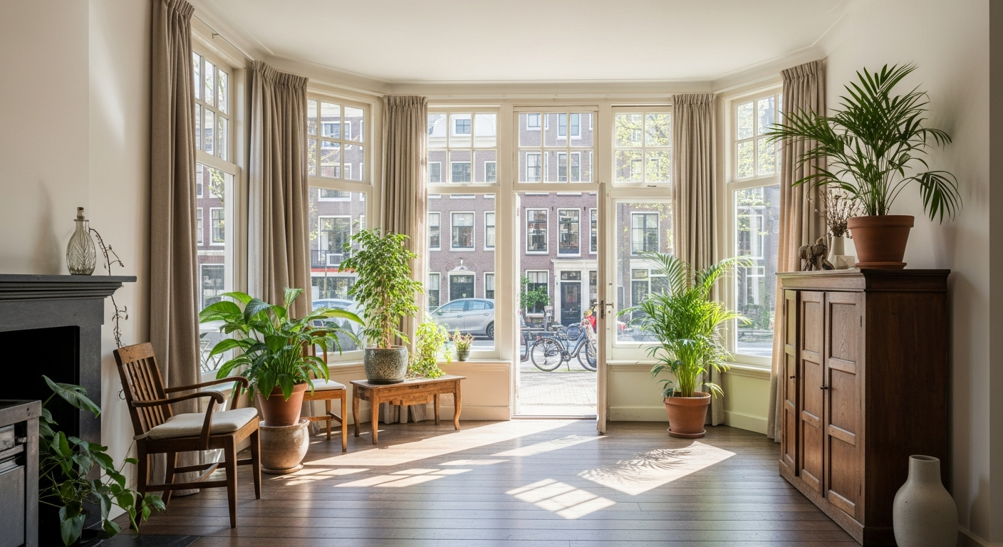 amsterdam ev dekorasyonu Wide shot of a traditional Dutch house interior in Amsterdam, with clean airy living room, potted plants, and natural sunlight streaming through large windows, emphasizing fresh and clean environment