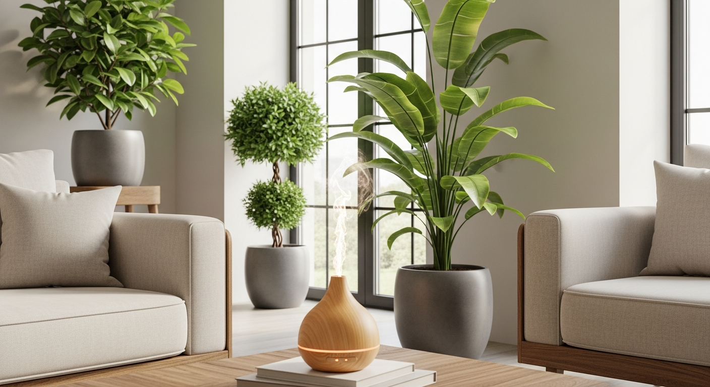 Interior shot of a modern Turkish living room with minimalist furniture, large potted plants, natural light, and aromatic diffuser on a wooden coffee table, creating a fresh and healthy ambiance.