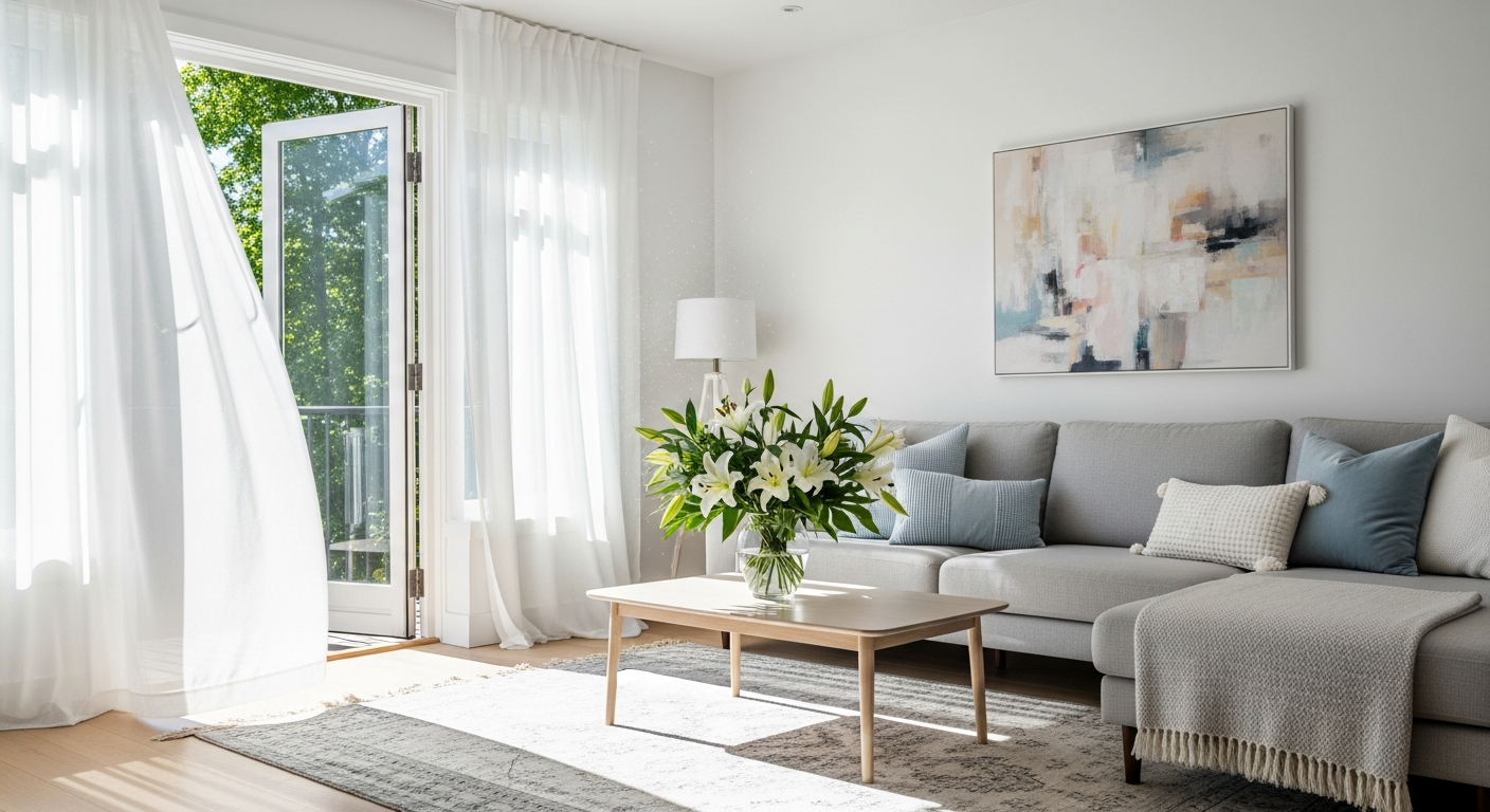 evde kötü koku A modern living room with fresh flowers and open windows emphasizing clean air and a bright, airy atmosphere.