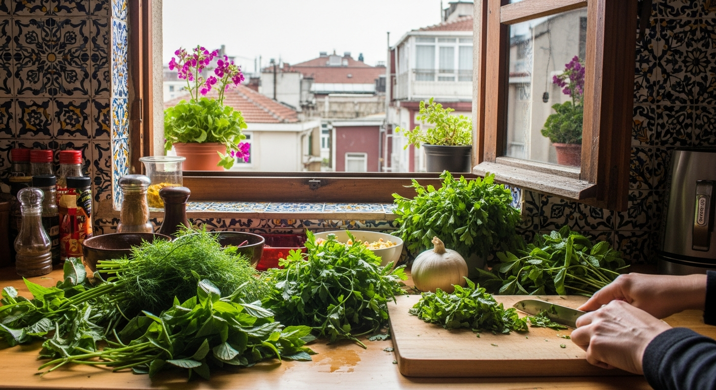 ev ortamında doğal ve ferah Close-up of a Turkish kitchen in Istanbul with traditional ceramic tiles, open window letting in natural light, and fresh herbs on the table, ev ortamında doğal ve ferah bir atmosfer