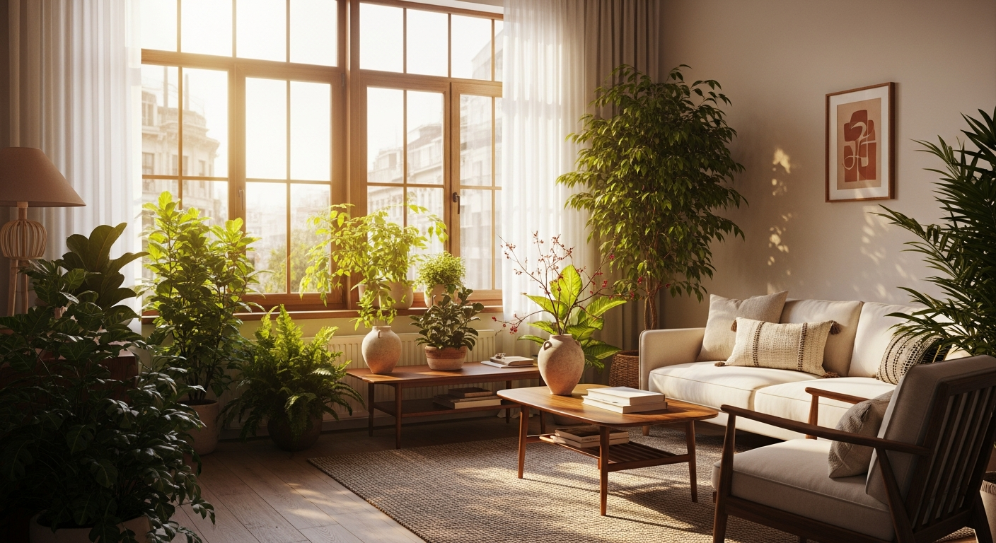 Cozy Istanbul apartment interior with lush green plants, minimalist furniture, and natural sunlight pouring through large windows, creating a fresh and peaceful ambiance.