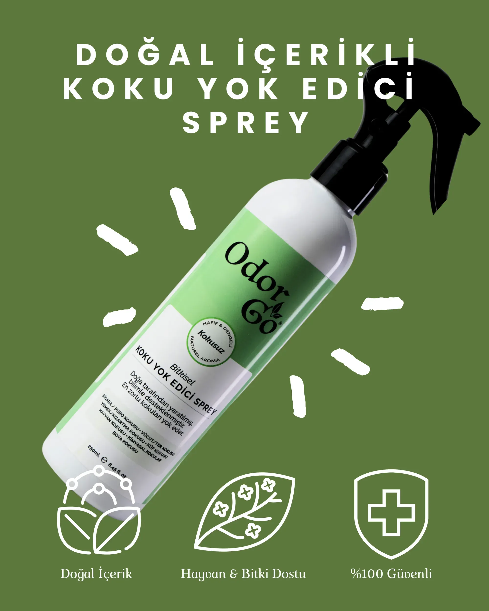 ODORGO Koku Yok Edici Sprey ODORGO Koku Yok Edici Sprey — ODORGO Koku Yok Edici Sprey 250ml, doğal ve bitkisel içeriklerle formüle edilmiş, yeni nesil koku giderme teknolojisine sahip bir üründür. ODORGO, piyasadaki geleneksel oda kokularının aksine, kötü kokuları maskeler ya da üzerini başka bir kokuyla örtmek yerine, moleküler düzeyde koku kaynağını nötralize eder; yani kokuyu yok eder. Ürün tamamen su bazlı, vegan ve bitki bazlı formüle sahiptir. Formülünde toksik kimyasallar, paraben, ftalat, yapay parfüm veya sülfat bulunmaz. Bu sayede çocukların, evcil hayvanların ve hassas bünyeli kişilerin bulunduğu ortamlarda güvenle kullanılabilir. Sprey, mutfak, banyo, sigara, evcil hayvan, çöp gibi sıkıntılı alanlarda hızla etki göstererek hem havadaki hem de yüzeylerdeki kötü kokuları giderir. Koltuk, halı, perde, kıyafet, yatak, araç içi gibi akla gelebilecek pek çok yerde kullanıma uygundur ve kumaş yüzeylerde dahi leke bırakmaz. Kullanım sırasında çocuğunuzun, evcil hayvanınızın sağlığını riske atmaz; çevre dostudur. Ürünün başındaki belirgin koku, tamamen doğal bitkisel yağların yoğunlaşmasından kaynaklanır ve kısa sürede kaybolur; bu aşamadan sonra da koku giderme etkisi devam eder. Firmanın Ar-Ge odaklı yaklaşımı sayesinde geliştirilen moleküler koku nötralizasyonu teknolojisi ile ODORGO, kötü kokulara karşı etkili ve kalıcı bir çözüm sunmaktadır. Marka kimliği yenilikçi, doğal, şeffaf ve müşteri memnuniyetine odaklıdır. %100 memnuniyet garantisi ile müşteri odaklılığını öne çıkarır, memnun kalmama durumunda iade imkânı sunar. Markanın öne çıkan diğer avantajları arasında; tüm ürünlerde sepette ikinci ürüne %20 indirim, 1000 TL ve üzeri alışverişlerde ücretsiz kargo, güvenilirlik ve çevreye duyarlılık yer alır. Ayrıca, marka kullanıcı yorumlarında müşteri desteği ve firma ilgisi ile de övgü toplamaktadır. Pazarlama açısından; güvenli kullanım, toksik madde içermemesi, çocuk ve evcil hayvanlar için uygun olması ve kötü kokuları başka bir kokuyla gizlemek yerine tamamen ortadan kaldırması en güçlü söylemlerdir. Ürün, özellikle hijyen ve sağlık duyarlılığı olan aileler, hassas bireyler, evcil hayvan sahipleri ile ev ve ofislerde hızlı, pratik, doğal ve etkili koku giderici arayanlar için idealdir. Ayrıca, doğal içerikli ve vegan yaşam tarzını benimseyenler için ayrı bir çekicilik sunmaktadır.