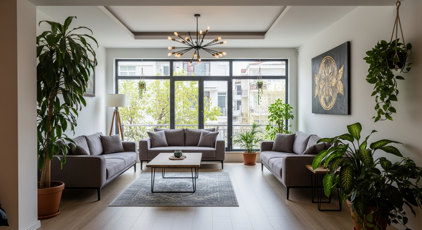 ferah ve huzurlu atmosfer Interior of a modern Turkish living room in Izmir with minimalist design, open space, large windows allowing natural light, and fresh indoor plants, ferah ve huzurlu atmosfer