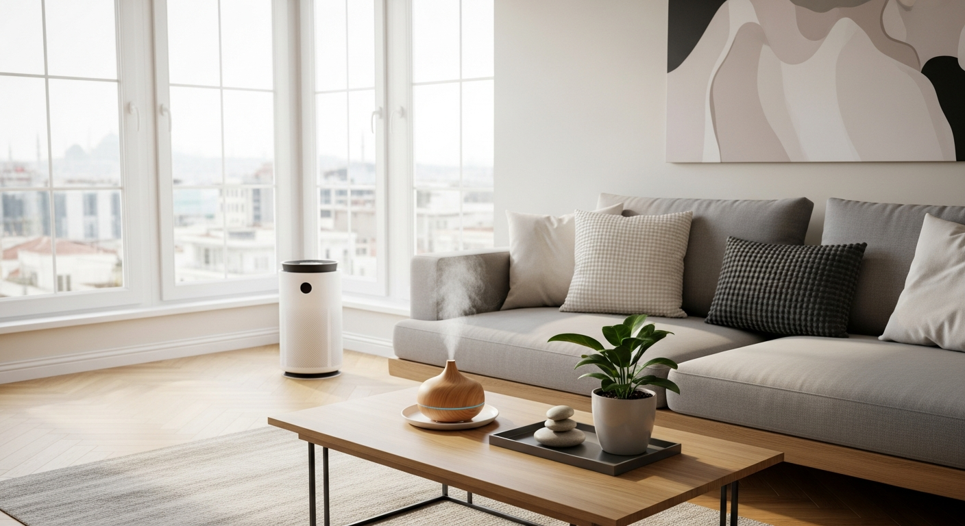 Modern Turkish interior of a living room in Istanbul with air purifier, aromatic diffuser, and bright natural light, creating a fresh and inviting atmosphere.
