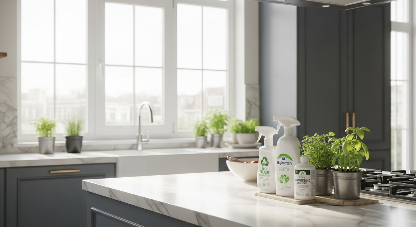 İstanbul ev ortamı Interior scene of a modern Turkish home kitchen in Istanbul, showing natural sunlight streaming through large windows, eco-friendly cleaning supplies on a marble countertop, and fresh herbs in pots, ev ortamında ferahlık ve hijyen temasını yansıtan fotoğraf