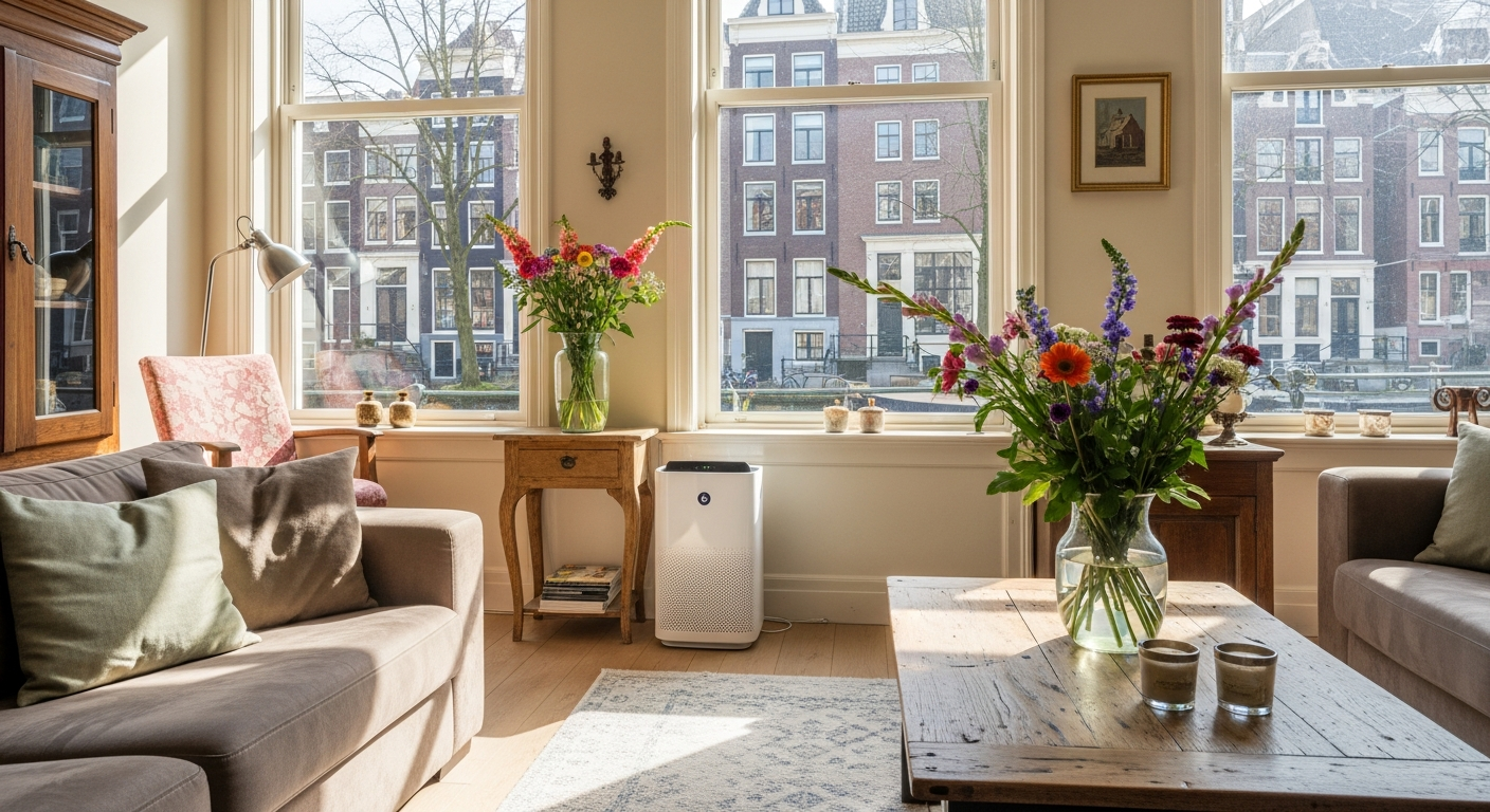 Photorealistic image of a traditional Dutch house with a cozy living room in Amsterdam, featuring modern air purifiers, fresh flowers on a table, and large windows allowing natural light to enhance the peaceful atmosphere.