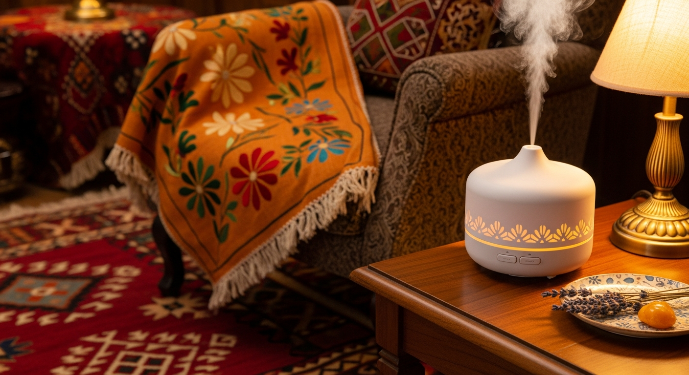 aromaterapi difüzör Close-up of a modern Turkish aromatherapy diffuser emitting a gentle mist in a cozy living room decorated with traditional Turkish textiles and warm lighting, ev ortamında ferahlık ve sağlıklı yaşam temasını anlatan fotoğraf