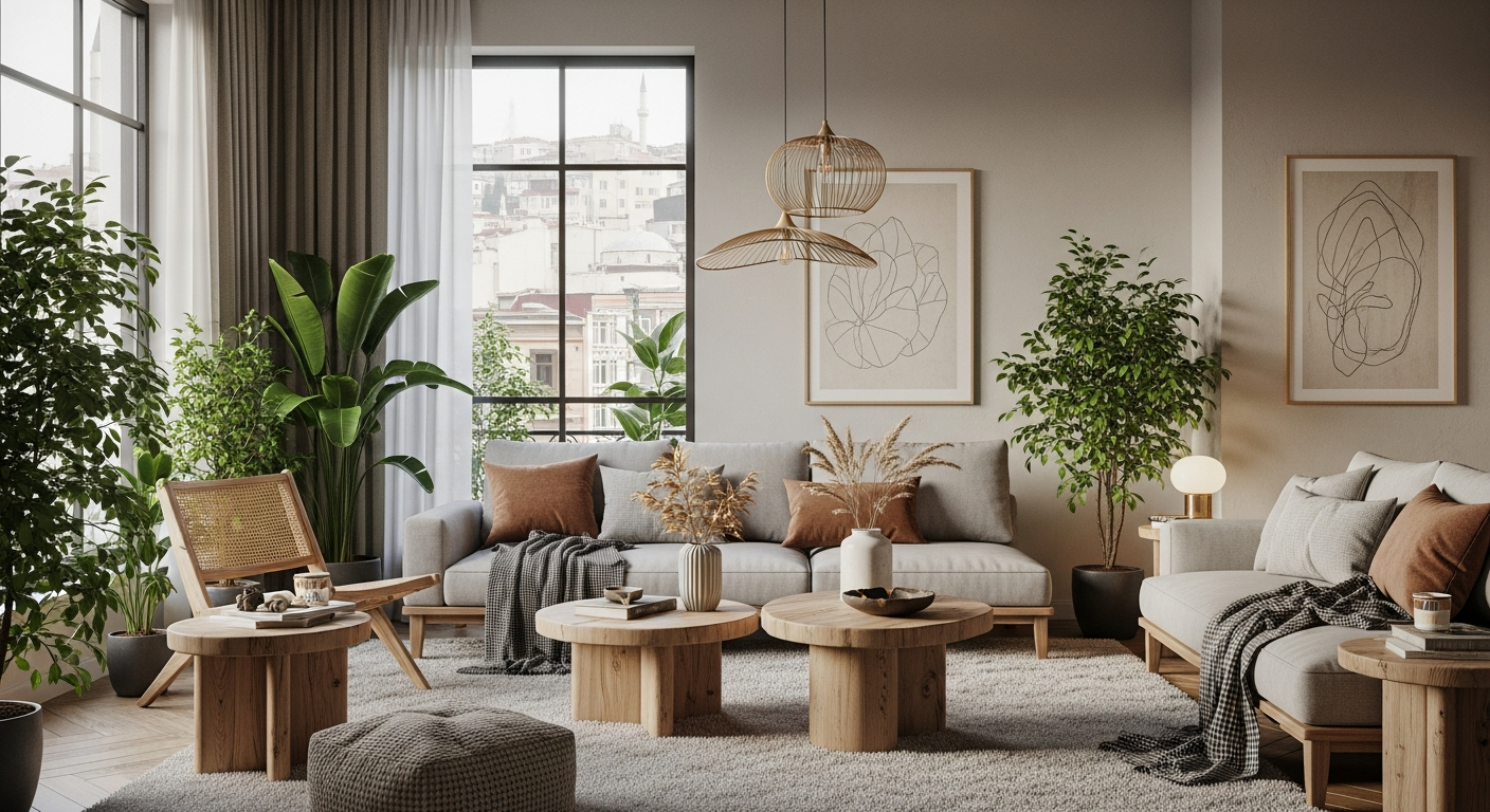 istanbul ev dekorasyonu Stylish Istanbul apartment interior with lush indoor plants, natural wooden furniture, and soft lighting, creating a cozy and fresh atmosphere
