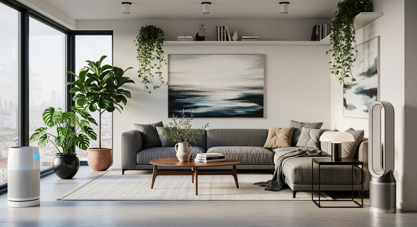 istanbul modern ev Interior shot of a modern Istanbul apartment with an advanced air purifier, sleek furniture, and decorative plants, illustrating a stylish and fresh living environment
