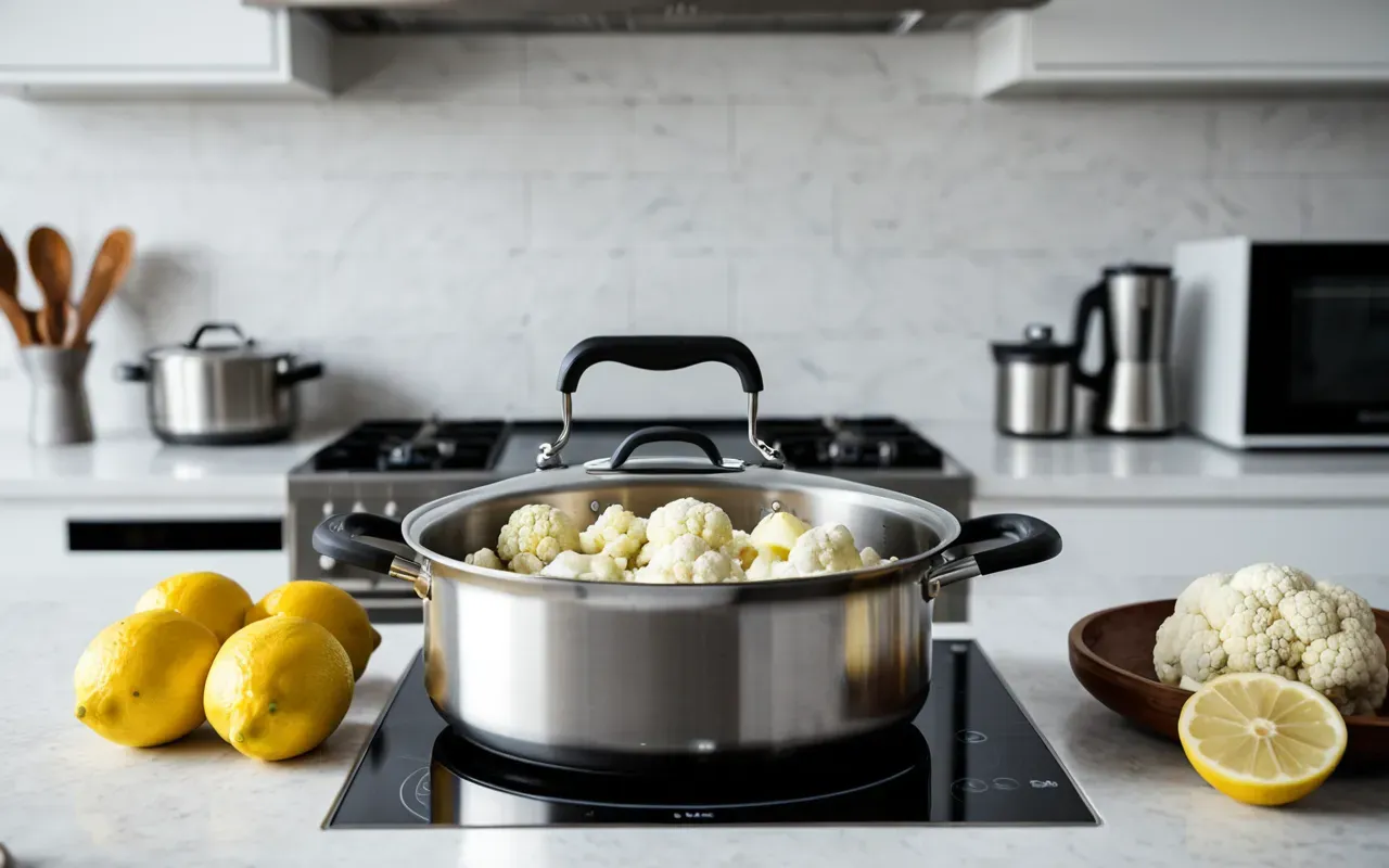 doğal koku giderici A bright modern kitchen scene showing a stainless steel pot on an induction cooktop with fresh cauliflower florets and lemon slices inside. The atmosphere is clean and airy.