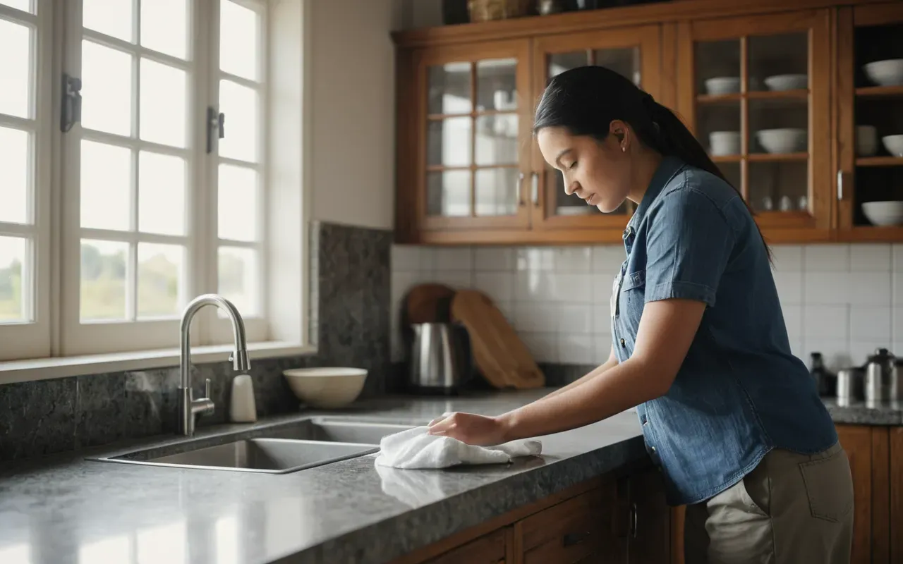 ev temizliği rutinleri A bright, modern kitchen with natural sunlight streaming through large windows, a woman in casual clothing wiping a clean countertop, fresh herbs in a small vase, and a minimalist design aesthetic that conveys cleanliness and tranquility