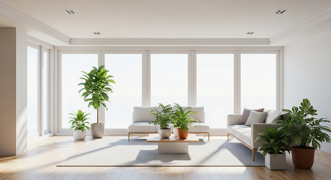 A bright, modern living room with fresh green plants and sunlight streaming through large windows, emphasizing a clean and fresh atmosphere.