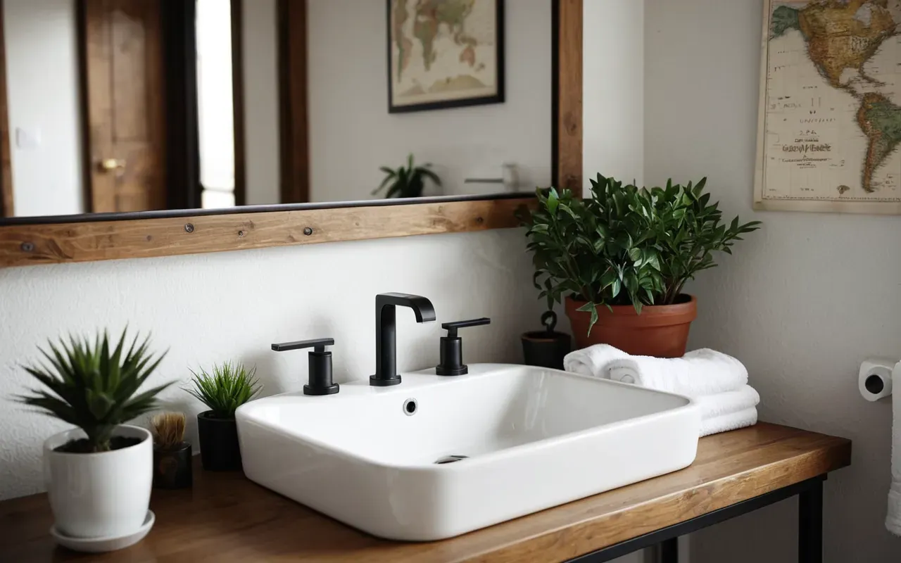 banyo temizliği ipuçları A clean and organized bathroom with a white sink, a towel rack, a small potted plant on the counter, and soft natural lighting creating a fresh and hygienic atmosphere, with no visible text or branding