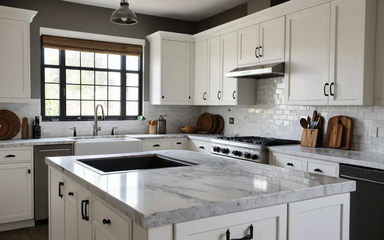 A clean and organized kitchen with white cabinets, marble countertops, and natural light, emphasizing hygiene and freshness