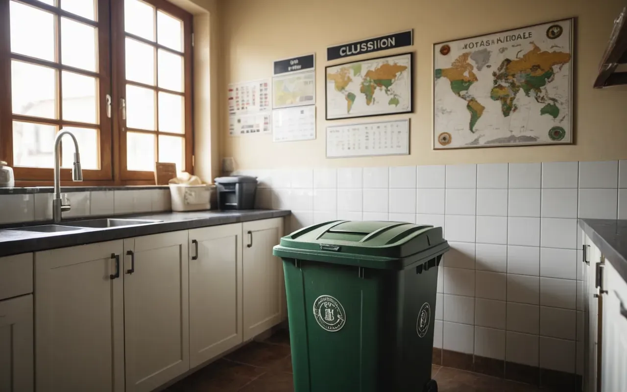 hijyenik mutfak A clean, bright kitchen setting with a modern trash bin. Sunlight streams through a window, illuminating the area. The trash bin is closed, clean, and placed in a corner next to a countertop. The overall mood is fresh and hygienic.
