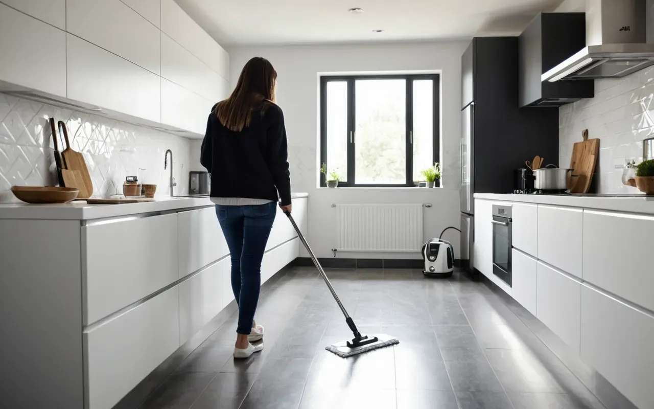 A clean, bright modern kitchen with a woman wiping a white countertop, a smart electric mop resting nearby, sunlight, tidy stainless steel appliances, realistic photography style, high detail.