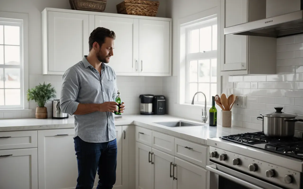 A clean, bright modern kitchen with stainless steel appliances and white cabinetry, a person standing near the stove holding a small bottle, soft daylight streaming through a window, minimalist composition