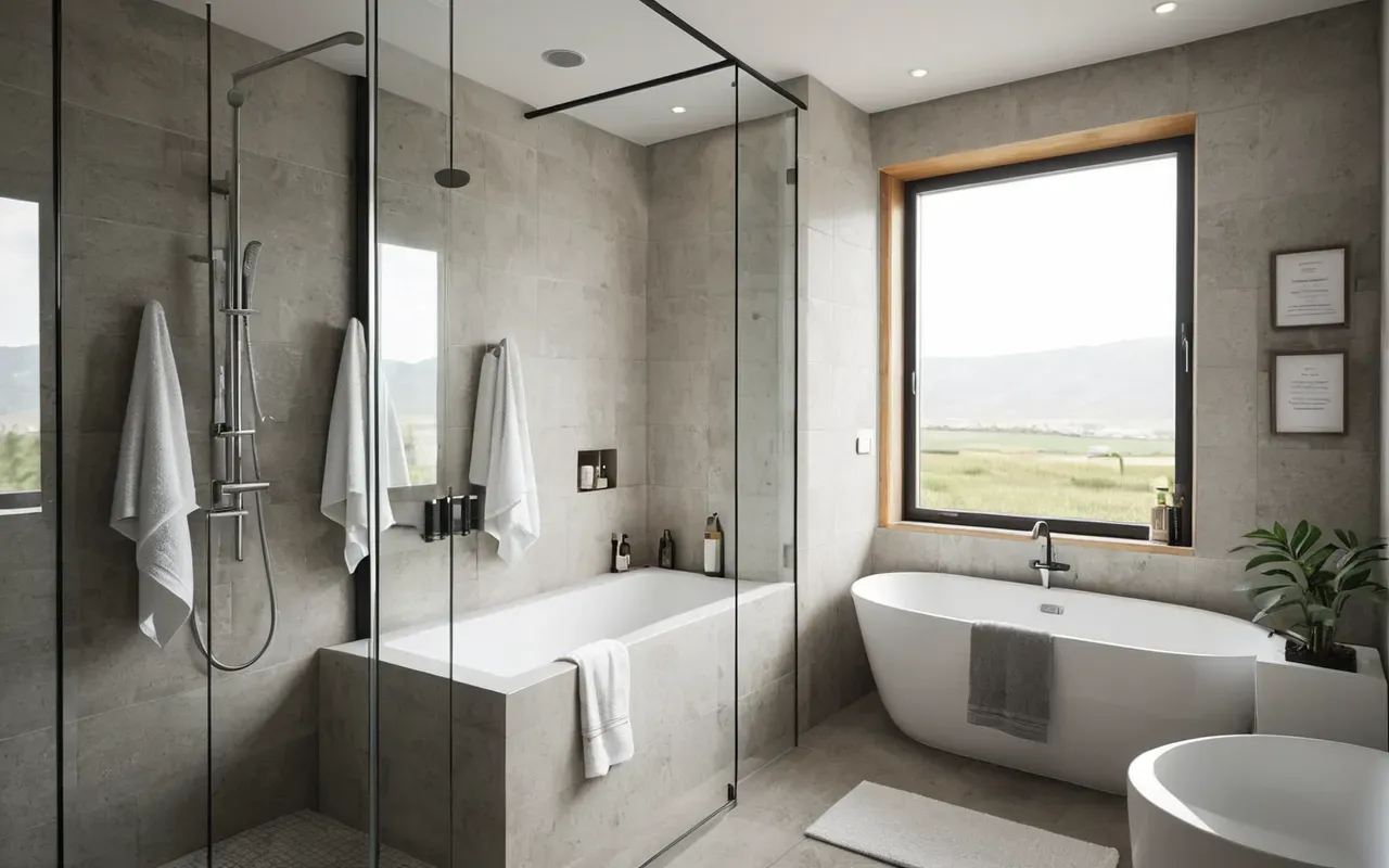 banyo kokuları A clean, modern bathroom with a glass shower enclosure, white towels hanging neatly, soft natural light, minimalist design, photorealistic