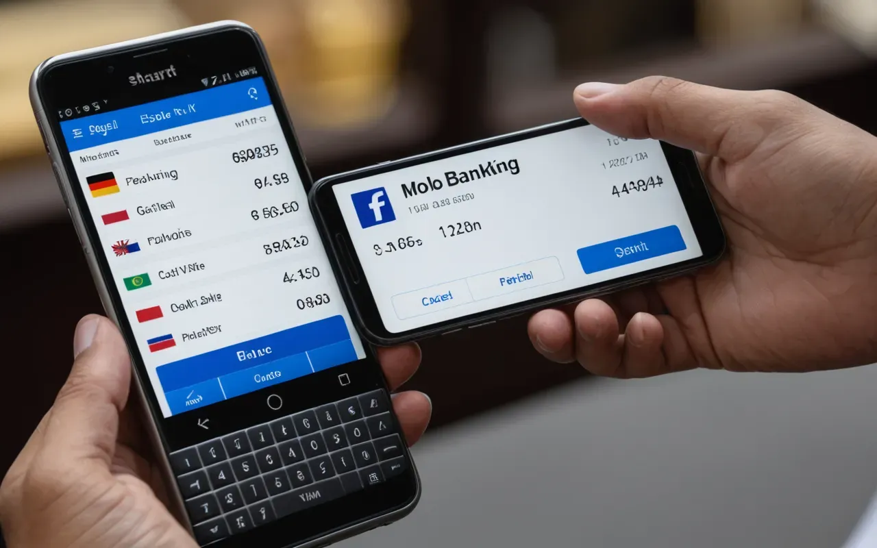 evde bakım maaşı sorgulama A close-up of a hand holding a smartphone displaying a generic mobile banking app interface with a balance inquiry screen. The background is blurred, focusing on the screen. The phone is modern, with a sleek design. No text or numbers are visible on the screen.
