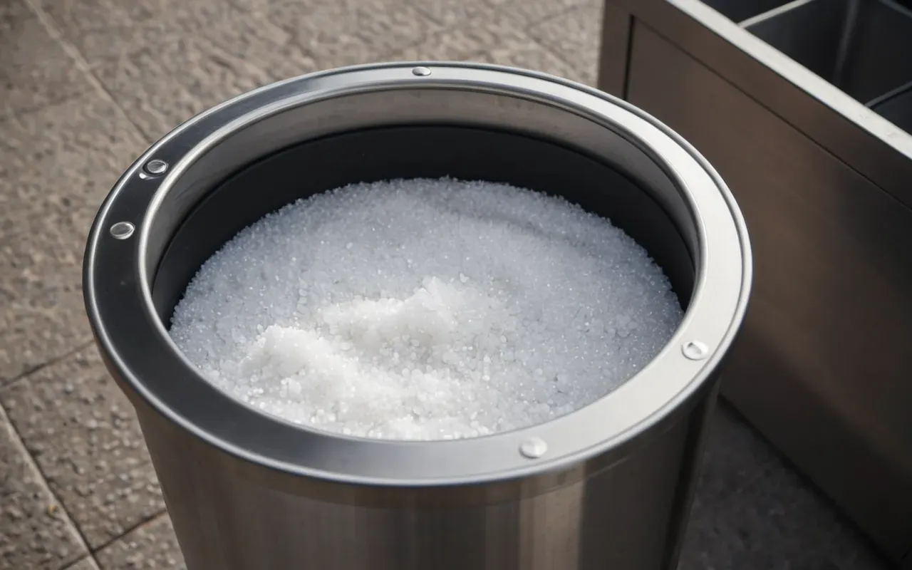 çöp kutusu tuz serpmek A close-up shot of a clean, empty stainless steel trash bin. A small amount of white salt is sprinkled at the bottom. The lighting is soft and bright, emphasizing cleanliness and hygiene. No text or labels are visible.