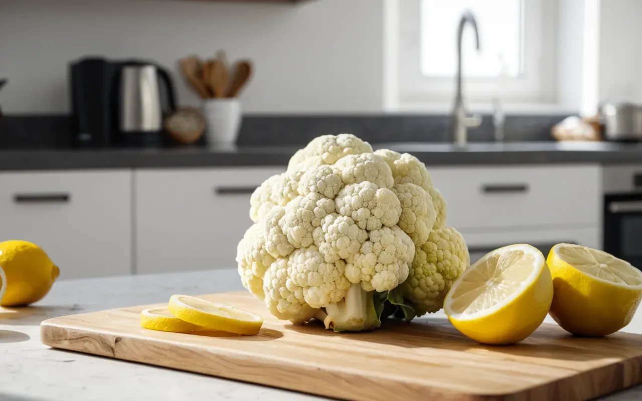 karnabahar püf nokta A close-up shot of a clean modern kitchen counter with raw cauliflower florets and slices of fresh lemon on a white cutting board. Sunlight filters through the window.