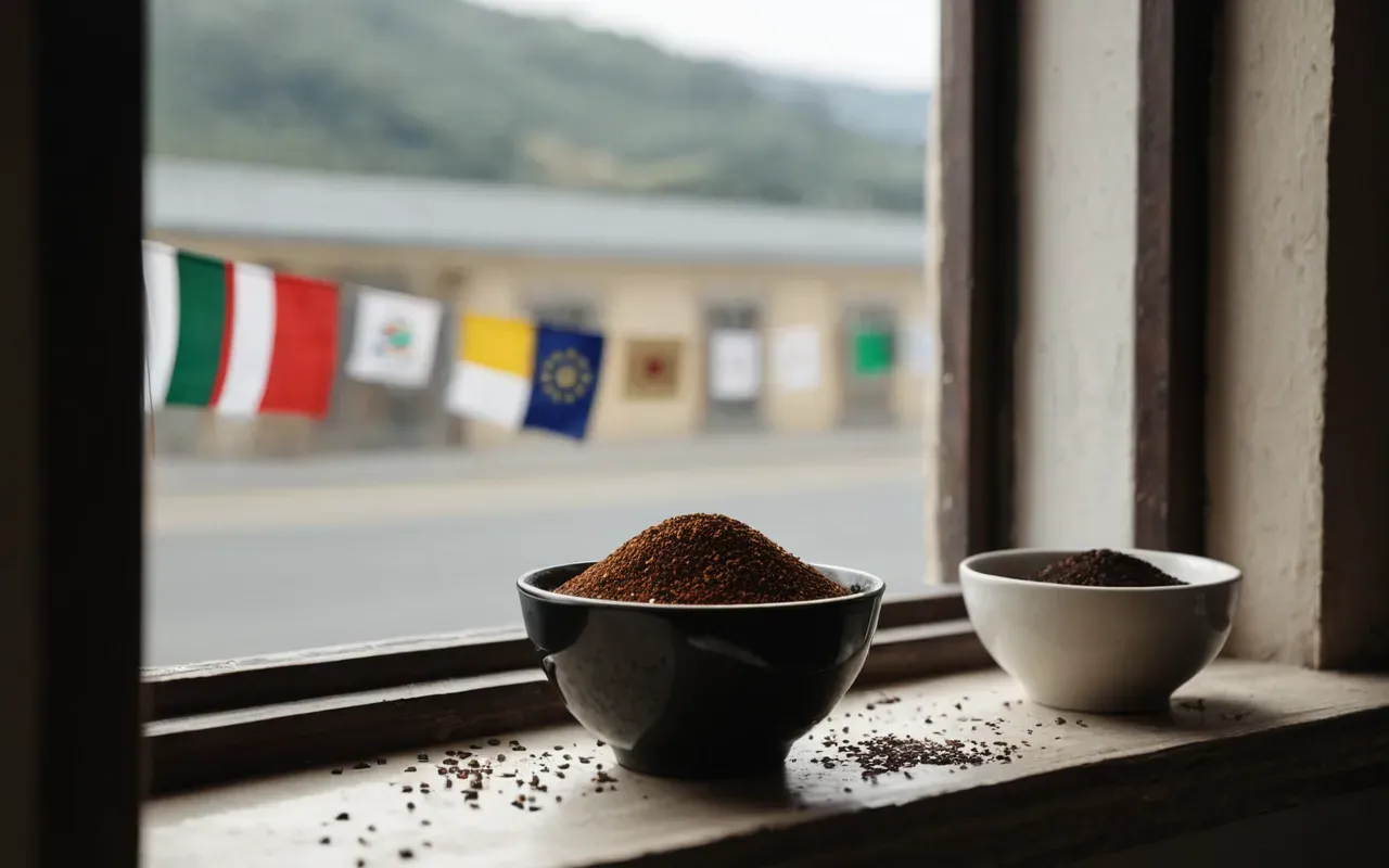 pencere kenarı koku giderme A close-up shot of a window frame with a small bowl of coffee grounds placed on the sill, showing a subtle barrier against insects, with soft natural light highlighting the texture of the grounds.