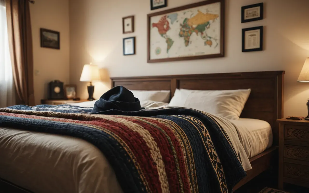 A cozy bedroom with a neatly made bed, soft lighting, a person throwing a decorative blanket over the bed, tidy nightstand, realistic interior photography, calm mood.