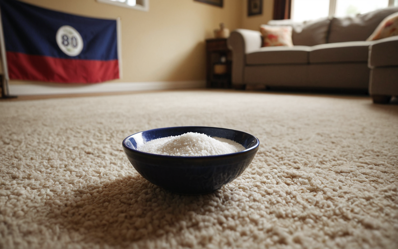 halı temizliği A cozy living room scene with a soft beige carpet, a small bowl of baking soda and a few drops of essential oil nearby, warm natural lighting, clean and tidy environment, no text or branding visible
