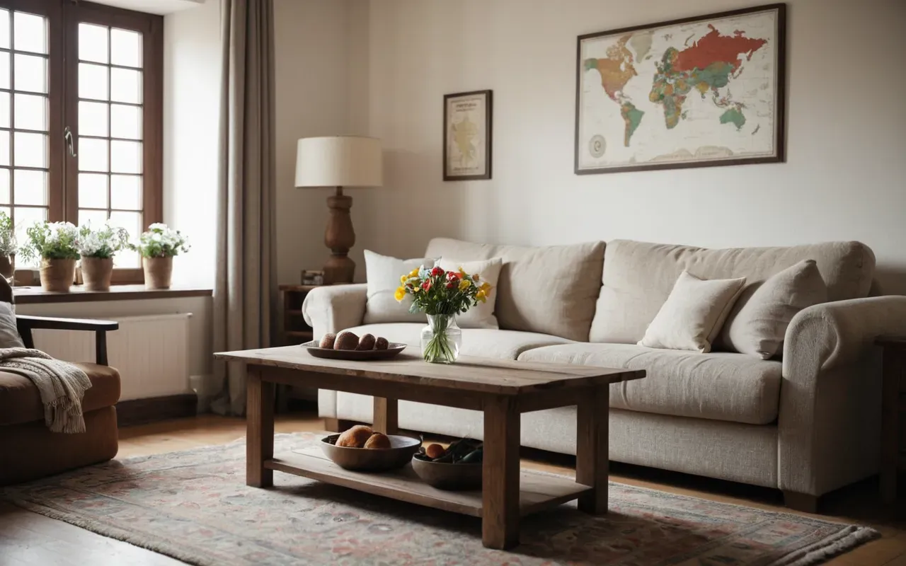 A cozy living room with a plush sofa, a clean rug, and a small table with a vase of fresh flowers, soft morning light, neutral color palette, minimalist interior design, no text
