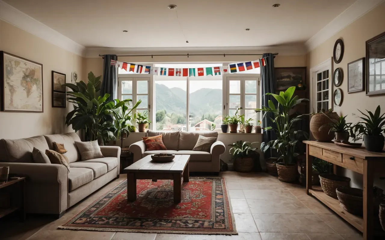 A cozy living room with a variety of indoor plants, soft natural lighting, and a clean, organized layout, emphasizing freshness and wellness