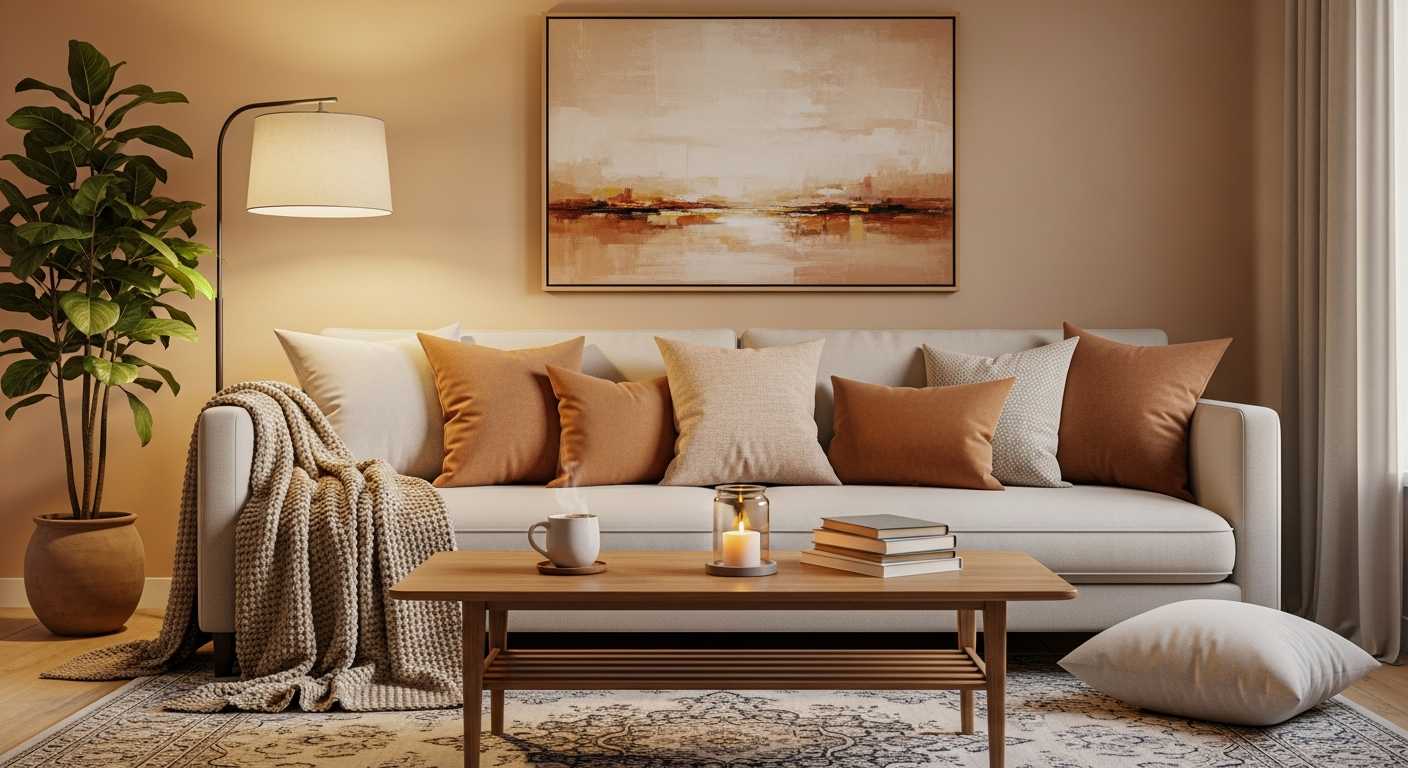 A cozy, well-decorated living room featuring air-purifying plants and minimalist design, emphasizing a tranquil and airy atmosphere.