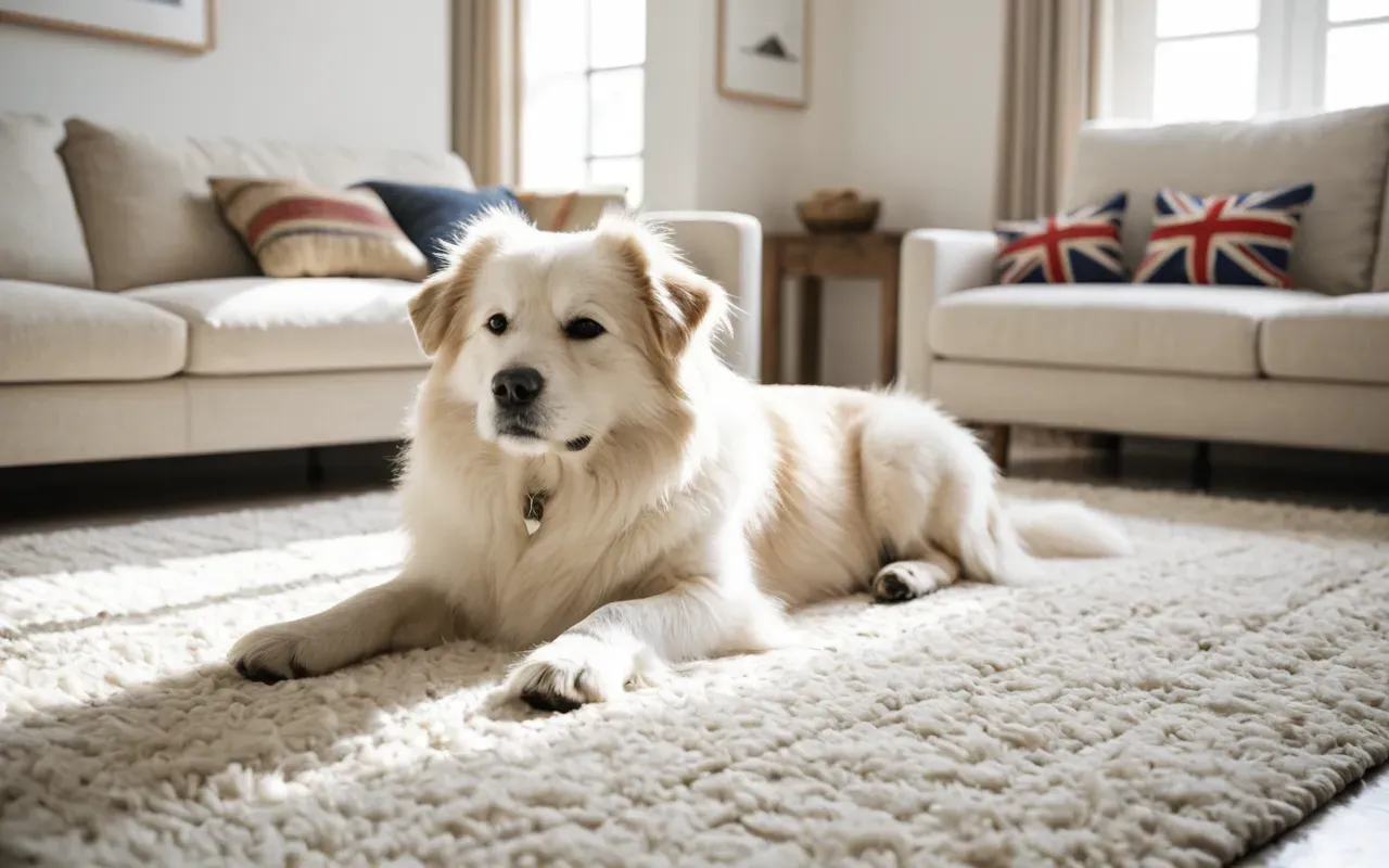 evcil hayvan kokuları A fluffy dog lying on a clean, light-colored rug in a bright living room, soft sunlight, minimalist decor, photorealistic