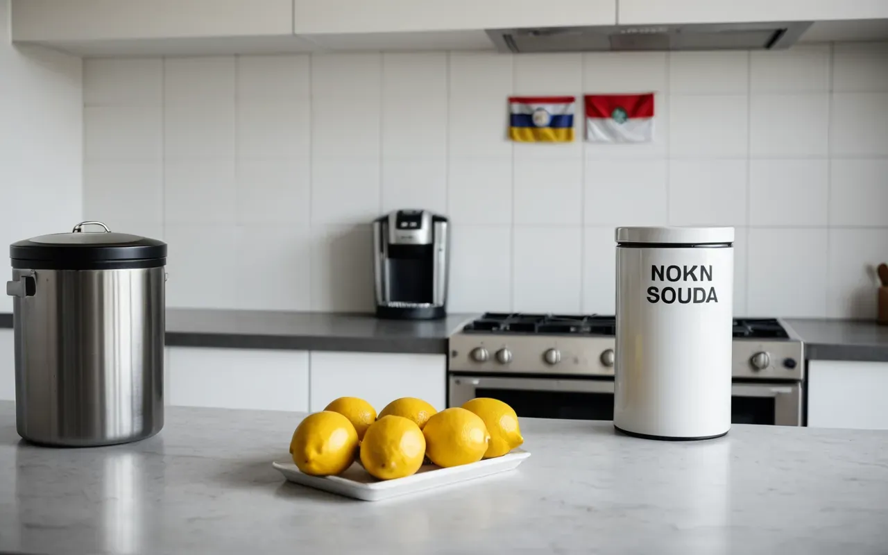 doğal temizlik malzemeleri A minimalist kitchen corner with a clean trash bin. A few lemon slices and a small bowl of baking soda are placed nearby on a white countertop. Bright natural light creates a fresh, clean, and inviting atmosphere.