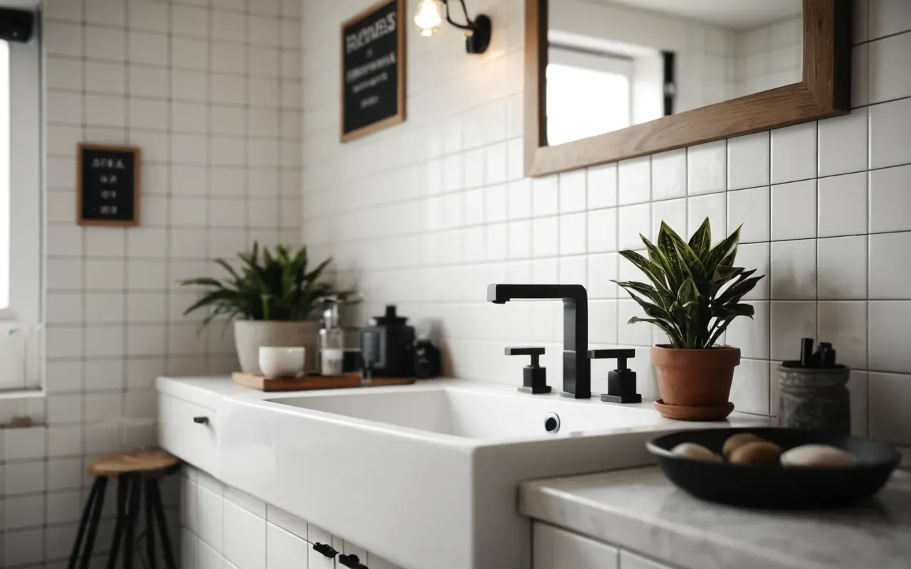 A modern bathroom interior with white tiles, a clean sink, and a small potted plant on the counter, soft diffused lighting, minimalist aesthetic, no people, editorial photography style