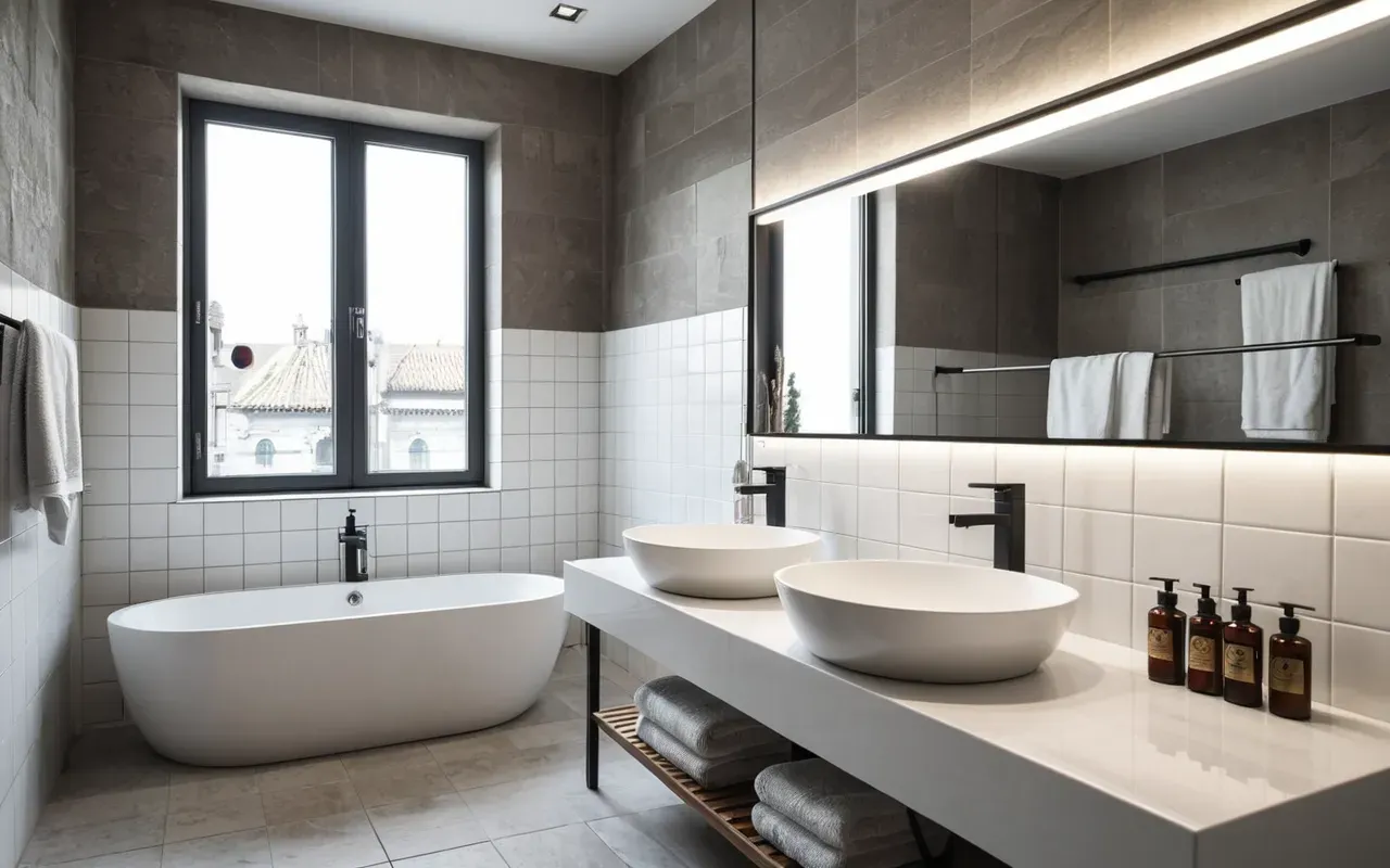 A modern bathroom with white tiles, a large mirror, and a towel rack, emphasizing cleanliness and hygiene