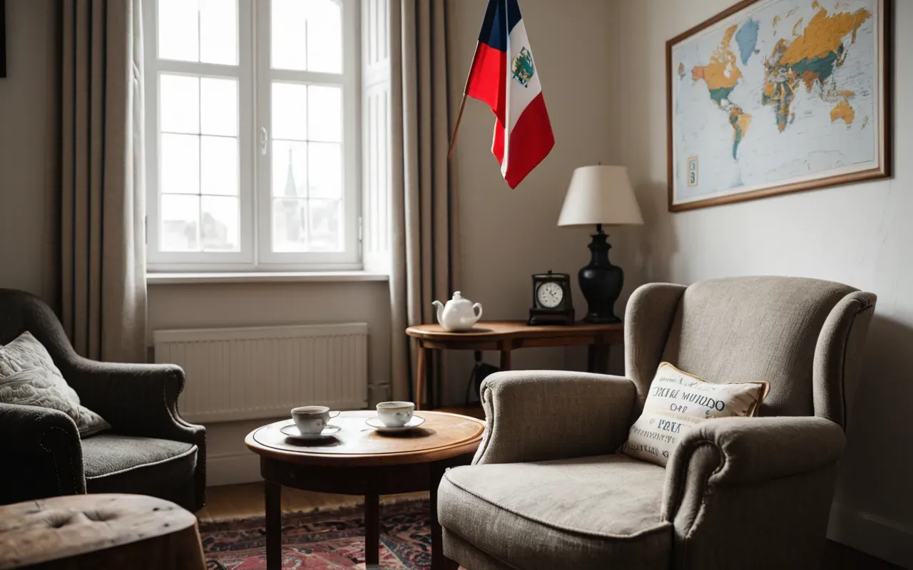 evde bakım maaşı A modern, bright living room with a comfortable armchair, a small table with a cup of tea, and soft natural light streaming through a window, creating a calm and peaceful atmosphere. No text or people in the image.