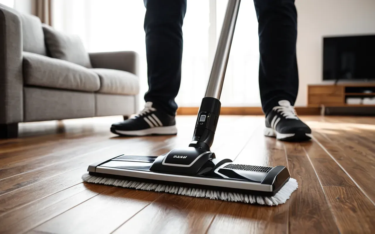 A modern, bright living room with clean wooden floors, a person holding a sleek white and black electric mop, sunlight streaming through a window, tidy minimalist furniture, photorealistic, high definition.