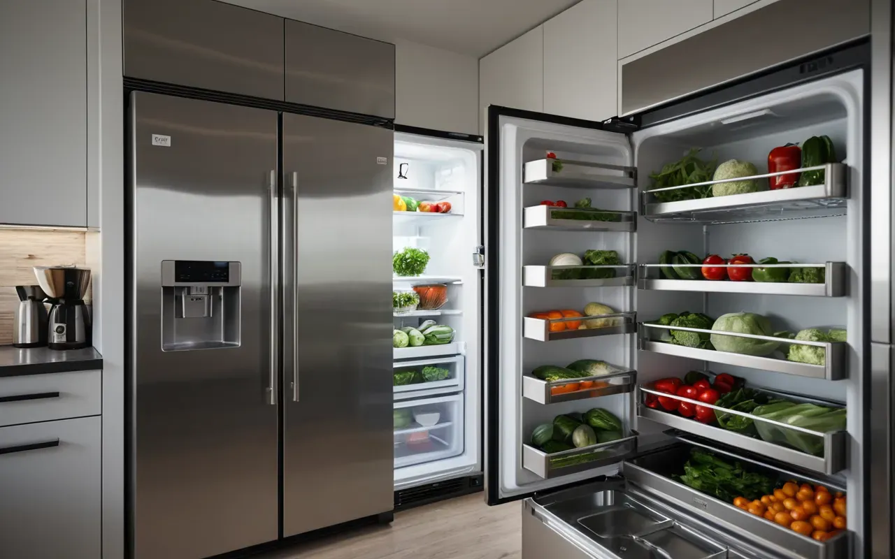 buzdolabı düzeni A modern, clean kitchen interior with a stainless steel refrigerator slightly ajar, revealing neatly organized shelves with fresh vegetables and fruits. Bright, natural lighting, minimalist design, no text visible.