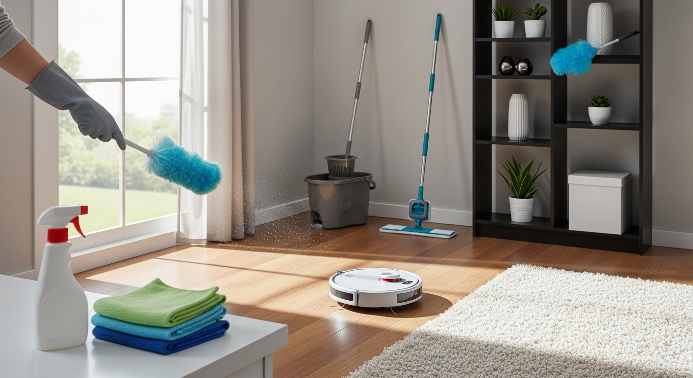 evde temizlik ve koku giderme A modern home cleaning station with natural cleaning products, air purifiers, and fresh towels, bright lighting highlighting a clean and organized space designed for long-term freshness