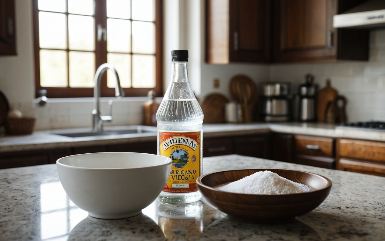 mutfak temizliği A modern kitchen countertop being cleaned with natural ingredients, showing a bottle of white vinegar and a bowl of baking soda, bright sunlight streaming through a window, clean and minimalist atmosphere, no text or labels visible