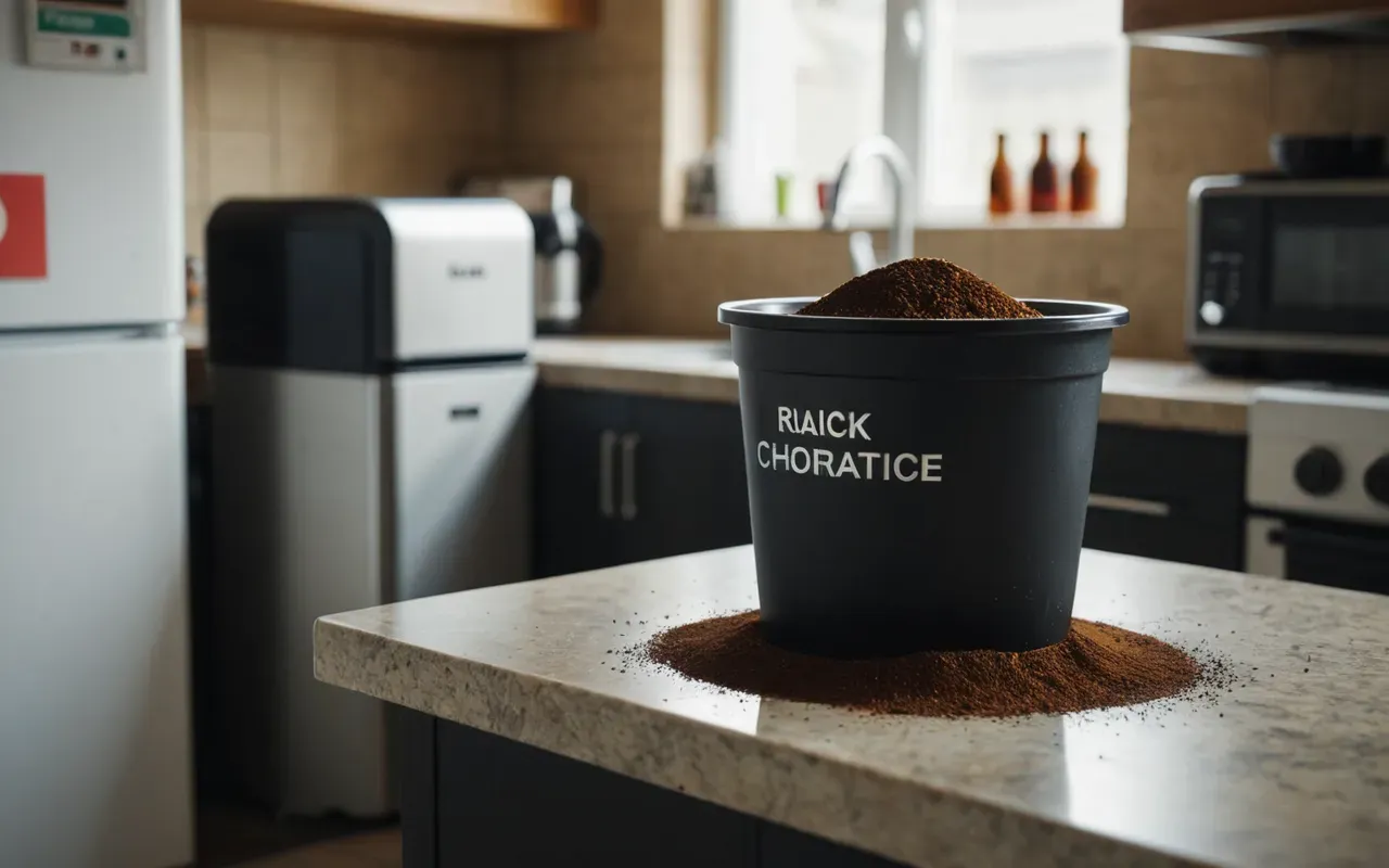 buzdolabı koku giderme A modern kitchen scene with a small bowl of coffee grounds placed near a refrigerator and a trash bin, emphasizing a clean and fresh environment with natural lighting.