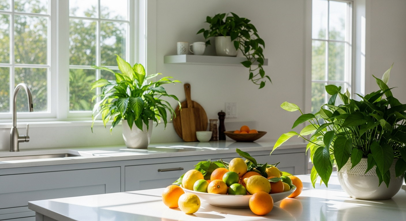 A modern kitchen with natural air purifiers like houseplants and a citrus fruit bowl, highlighting a clean and fresh environment with sunlight and open space.