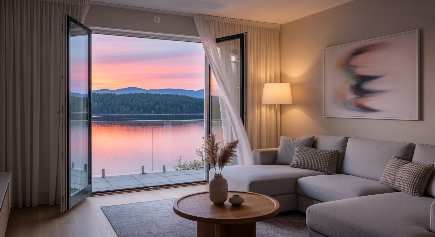 evde ferahlık A modern living room with fresh, clean air and bright lighting, featuring subtle decorative elements, a plant, and open windows allowing natural sunlight.