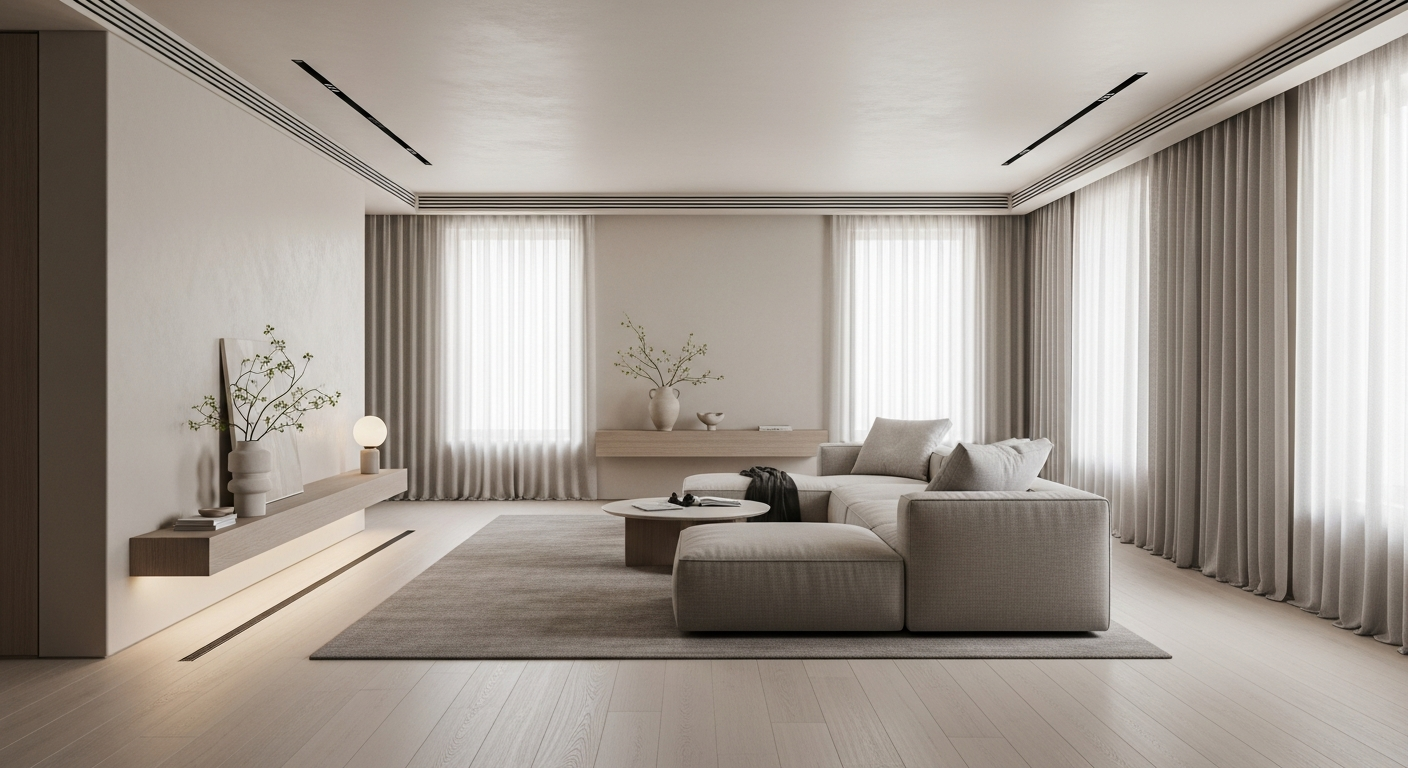 gizli koku kaynakları A modern, minimalist living room with concealed ventilation systems and clean surfaces, showing an atmosphere of fresh, odor-free environment during daytime.